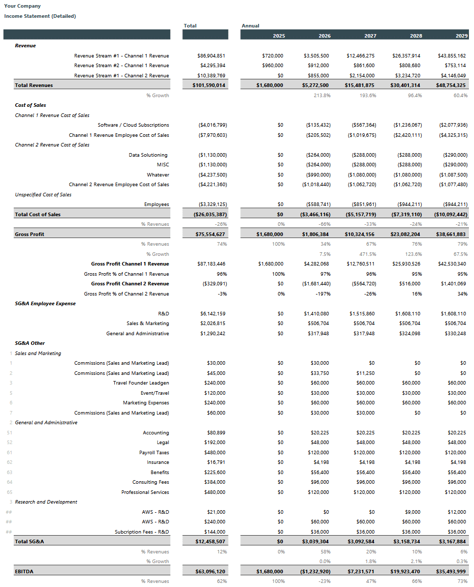 Startups income statement detailed